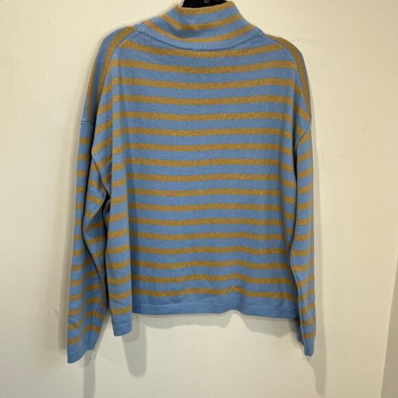 Talbots Metallic Stripe Turtleneck Sweater L Blue Tan Knit Winter Classic Preppy - Picture 3 of 9
